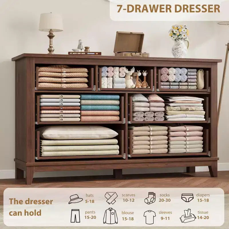 Comò a 7 cassetti, cassettiera da 137 cm con contenitore, organizer in legno per camera da letto, soggiorno, ingresso