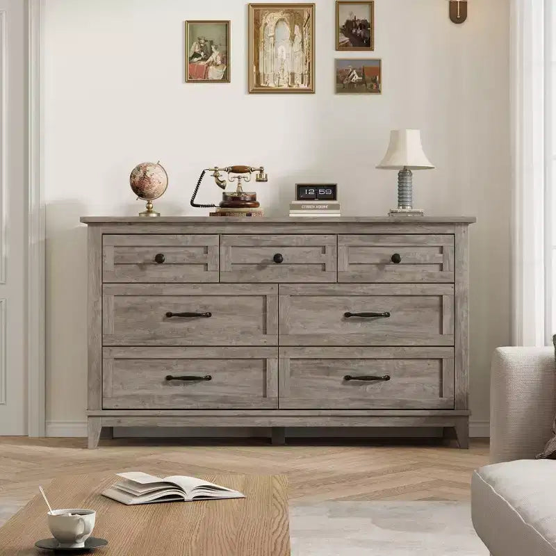 Comò a 7 cassetti, cassettiera da 137 cm con contenitore, organizer in legno per camera da letto, soggiorno, ingresso