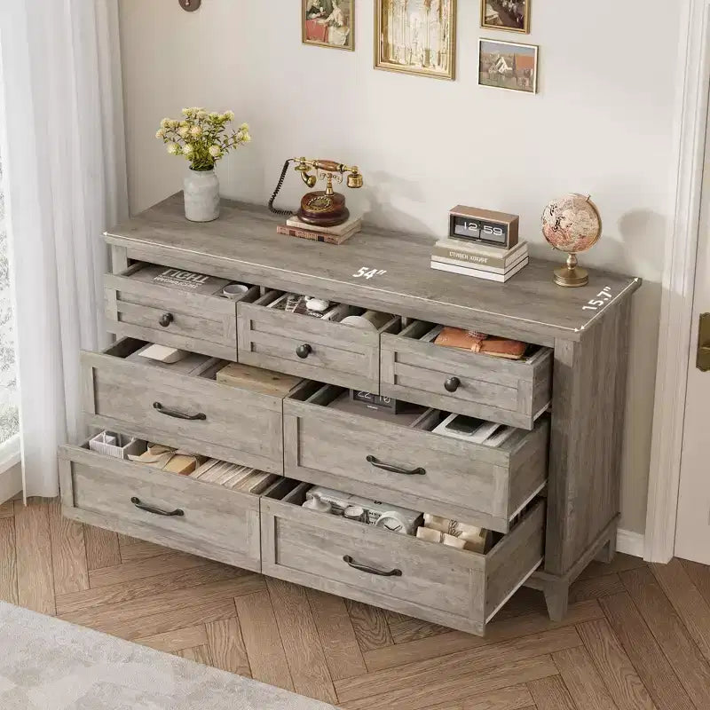 Comò a 7 cassetti, cassettiera da 137 cm con contenitore, organizer in legno per camera da letto, soggiorno, ingresso