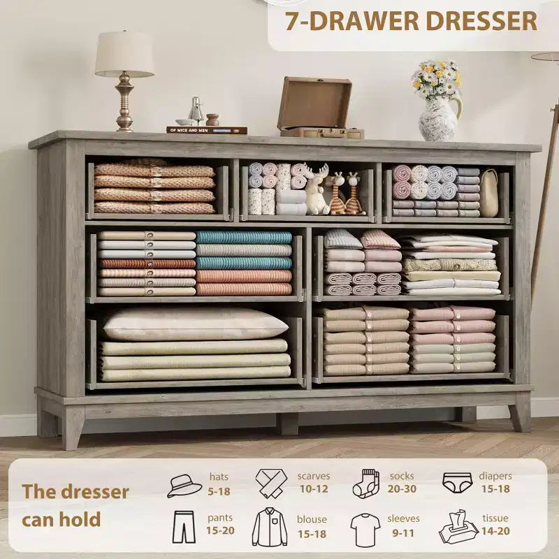 Comò a 7 cassetti, cassettiera da 137 cm con contenitore, organizer in legno per camera da letto, soggiorno, ingresso