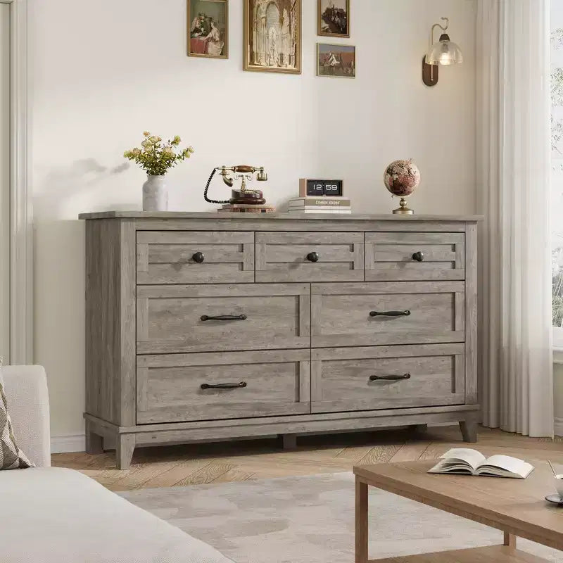 Comò a 7 cassetti, cassettiera da 137 cm con contenitore, organizer in legno per camera da letto, soggiorno, ingresso