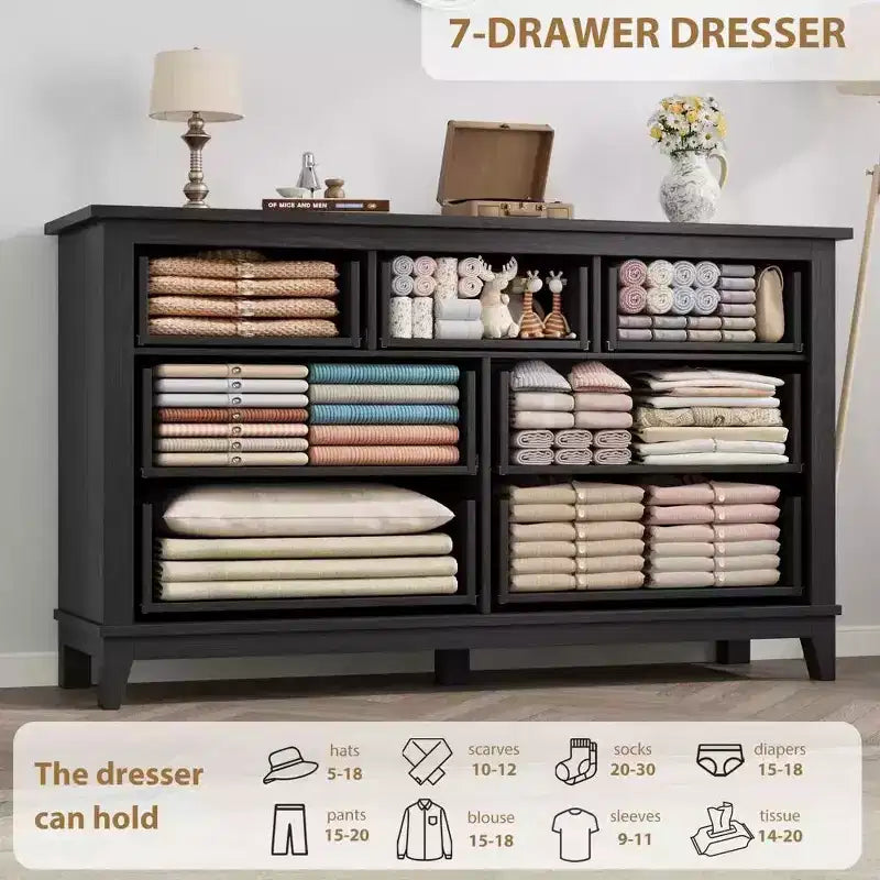 Comò a 7 cassetti, cassettiera da 137 cm con contenitore, organizer in legno per camera da letto, soggiorno, ingresso