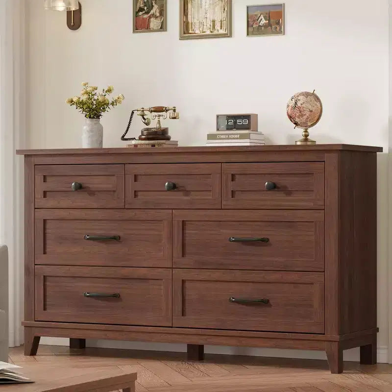 Comò a 7 cassetti, cassettiera da 137 cm con contenitore, organizer in legno per camera da letto, soggiorno, ingresso