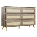 Bedroom Six-Drawer Chest, Modern Wide-Body Drawer Cabinet, Wooden Wardrobe Chest with Rattan-Woven Drawers, Suitable for 55-inch TV, Living Room