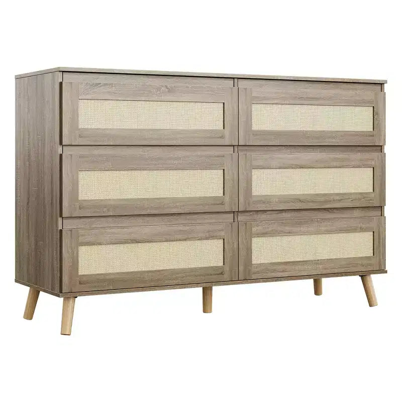 Bedroom Six-Drawer Chest, Modern Wide-Body Drawer Cabinet, Wooden Wardrobe Chest with Rattan-Woven Drawers, Suitable for 55-inch TV, Living Room