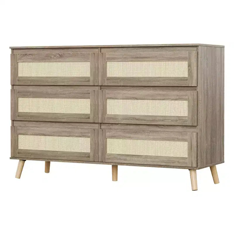 Cassettiera in legno a 6 cassetti con frontali in rattan intrecciato