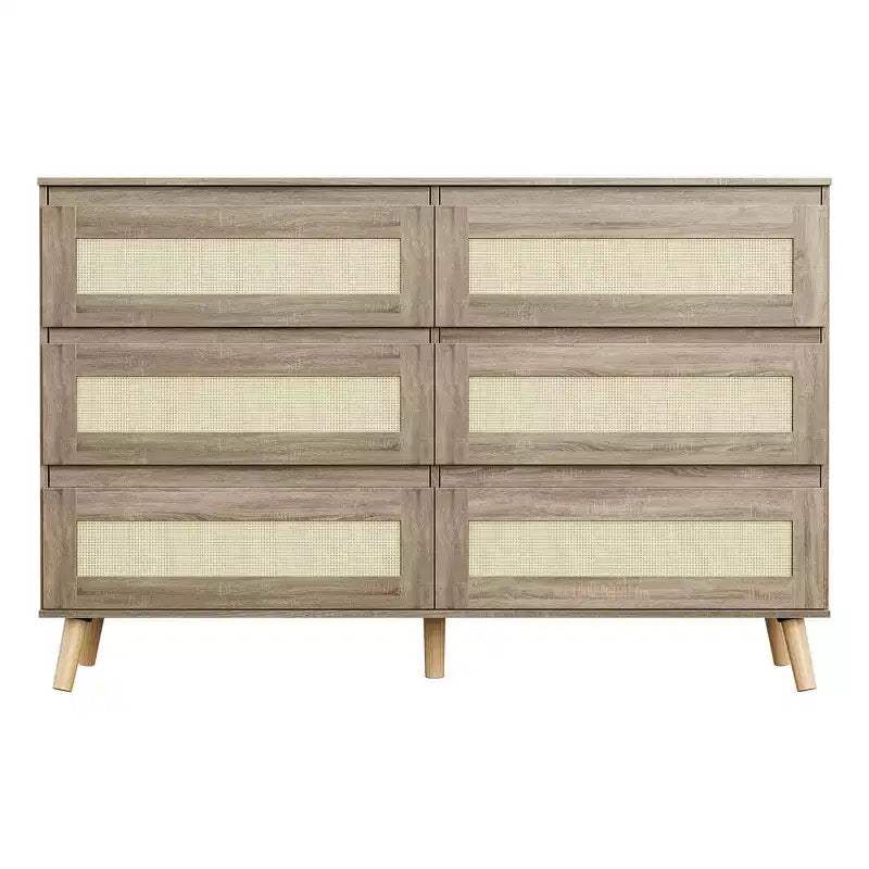 Cassettiera in legno a 6 cassetti con frontali in rattan intrecciato