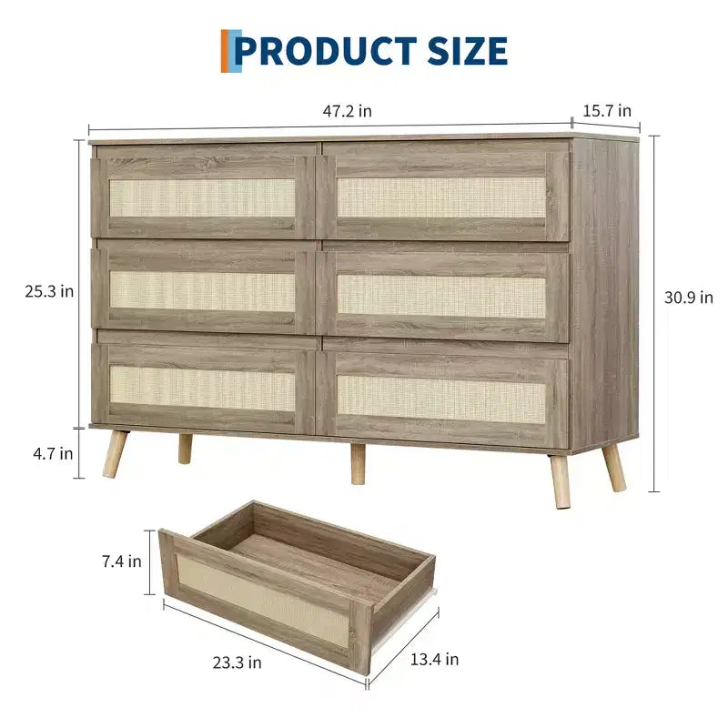 Cassettiera in legno a 6 cassetti con frontali in rattan intrecciato