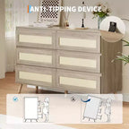 Cassettiera in legno a 6 cassetti con frontali in rattan intrecciato