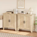 White rattan storage cabinet with doors and shelves, sideboard, suitable for entryways, dining rooms, and living rooms.