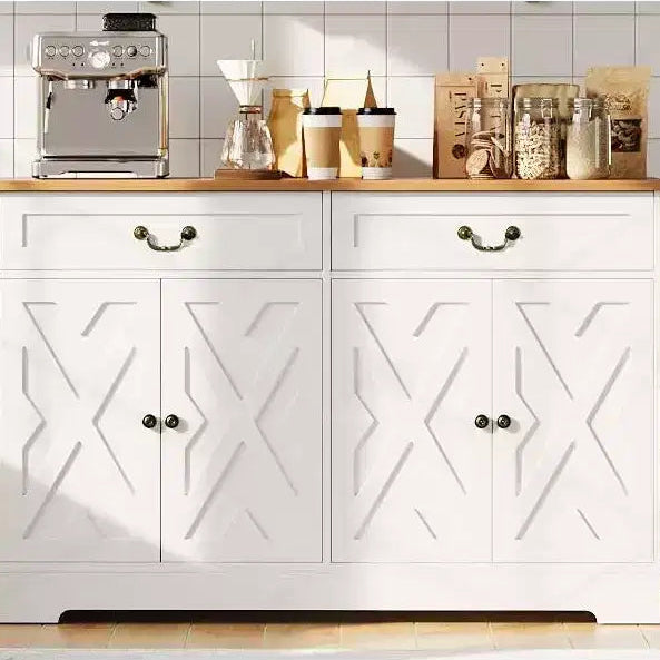 57 Inch Farmhouse Buffet Cabinet with Storage, with 4 Doors & 2 Drawers, Adjustable Shelves Coffee Cabinet, Multi-Functional Storage for Dining Room