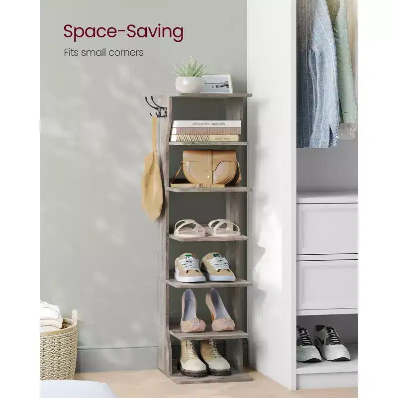 Scarpiera verticale a 7 ripiani, organizer per scarpe stretto alto 43,5" con 2 ganci e kit antiribaltamento, scaffale ad angolo salvaspazio per ingresso e camera da letto