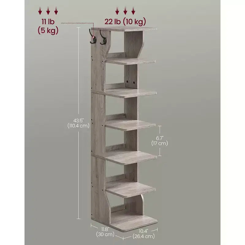 Scarpiera verticale a 7 ripiani, organizer per scarpe stretto alto 43,5" con 2 ganci e kit antiribaltamento, scaffale ad angolo salvaspazio per ingresso e camera da letto