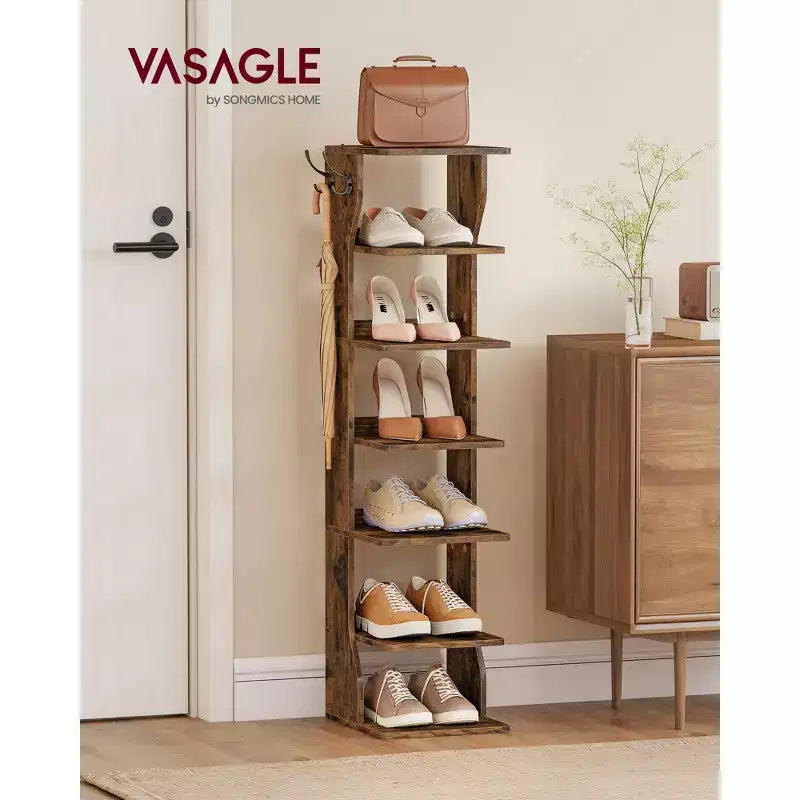 Scarpiera verticale a 7 ripiani, organizer per scarpe stretto alto 43,5" con 2 ganci e kit antiribaltamento, scaffale ad angolo salvaspazio per ingresso e camera da letto