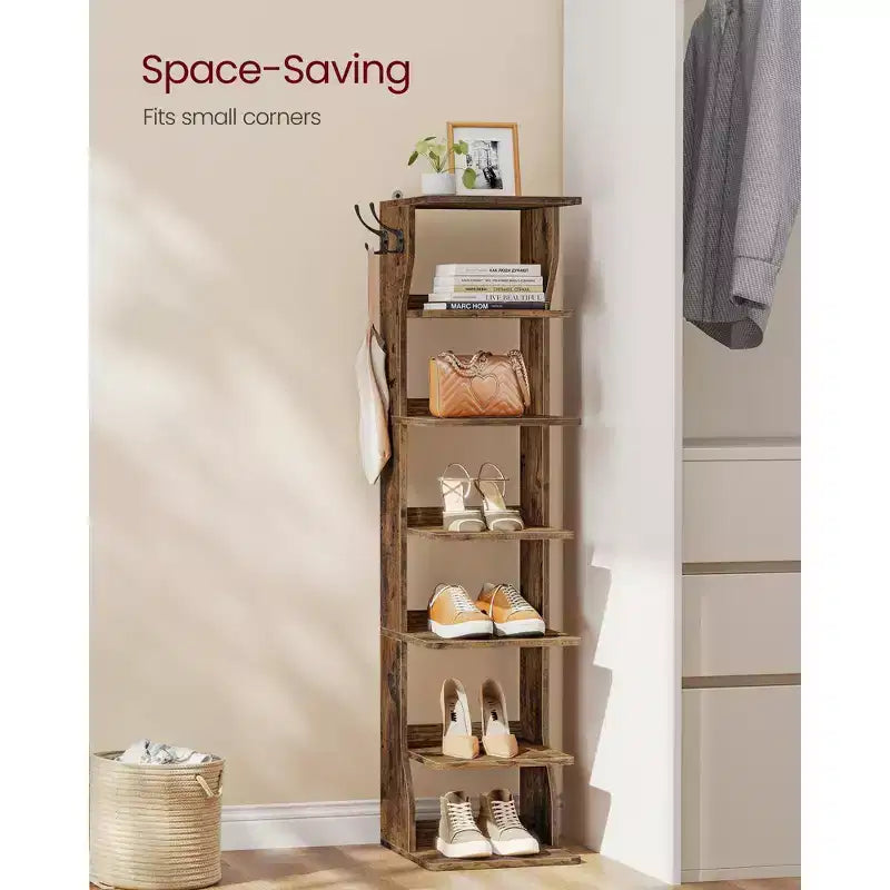 Scarpiera verticale a 7 ripiani, organizer per scarpe stretto alto 43,5" con 2 ganci e kit antiribaltamento, scaffale ad angolo salvaspazio per ingresso e camera da letto