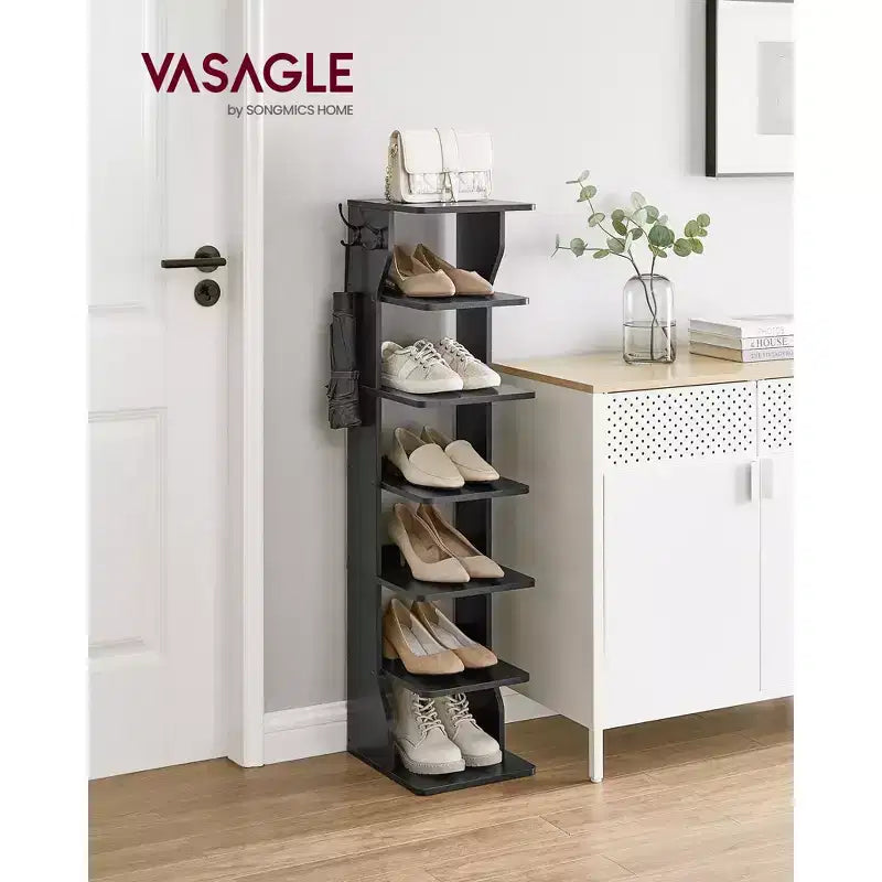 Scarpiera verticale a 7 ripiani, organizer per scarpe stretto alto 43,5" con 2 ganci e kit antiribaltamento, scaffale ad angolo salvaspazio per ingresso e camera da letto