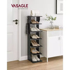 Scarpiera verticale a 7 ripiani, organizer per scarpe stretto alto 43,5" con 2 ganci e kit antiribaltamento, scaffale ad angolo salvaspazio per ingresso e camera da letto
