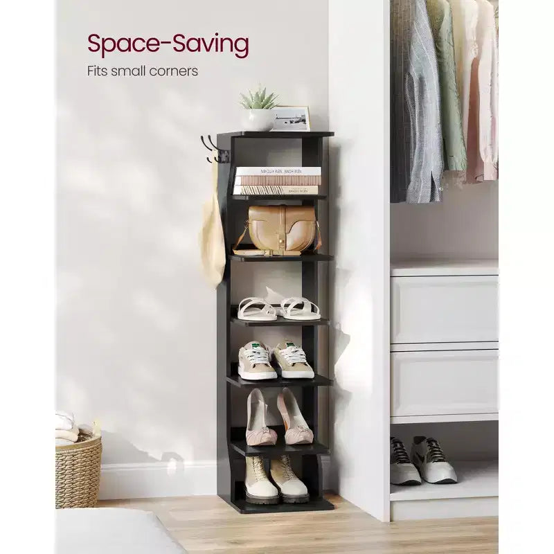 Scarpiera verticale a 7 ripiani, organizer per scarpe stretto alto 43,5" con 2 ganci e kit antiribaltamento, scaffale ad angolo salvaspazio per ingresso e camera da letto