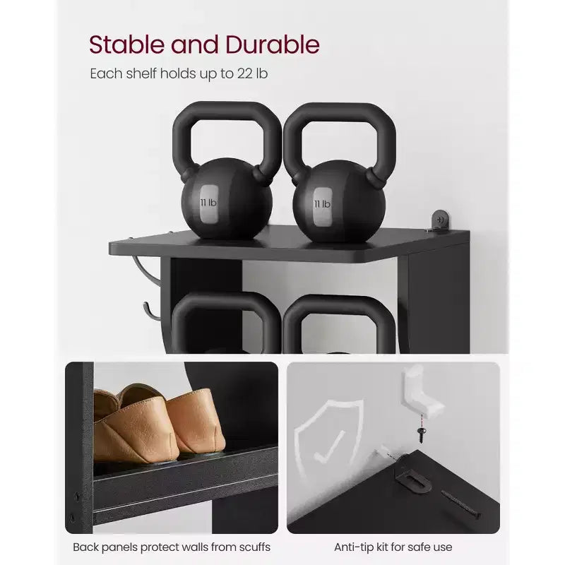 Scarpiera verticale a 7 ripiani, organizer per scarpe stretto alto 43,5" con 2 ganci e kit antiribaltamento, scaffale ad angolo salvaspazio per ingresso e camera da letto