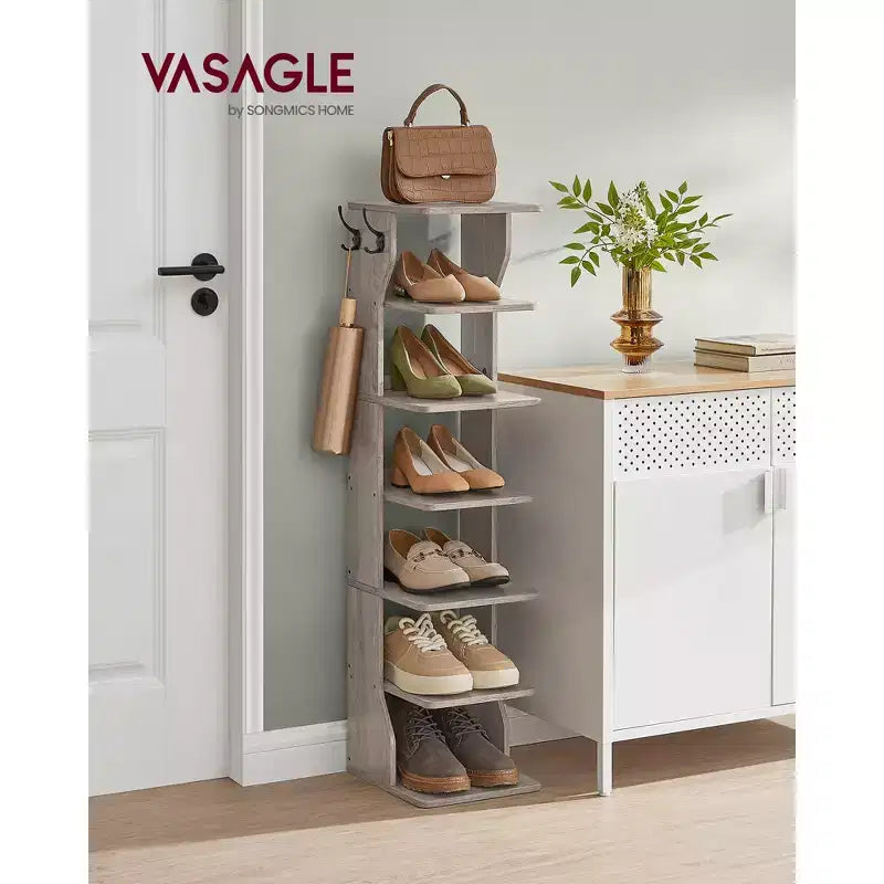 Scarpiera verticale a 7 ripiani, organizer per scarpe stretto alto 43,5" con 2 ganci e kit antiribaltamento, scaffale ad angolo salvaspazio per ingresso e camera da letto