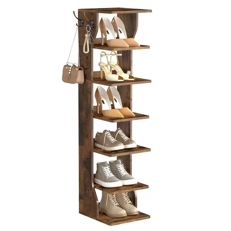 Scarpiera verticale a 7 ripiani, organizer per scarpe stretto alto 43,5" con 2 ganci e kit antiribaltamento, scaffale ad angolo salvaspazio per ingresso e camera da letto