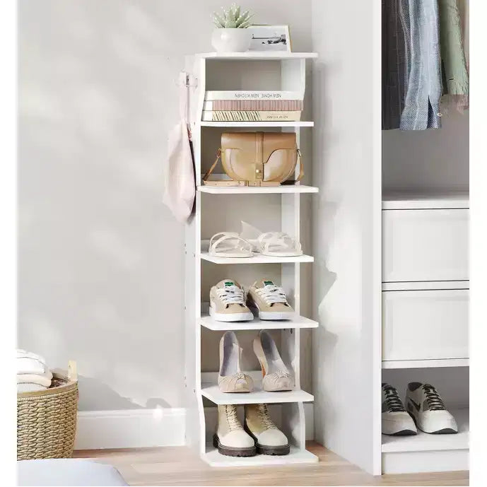 Scarpiera verticale a 7 ripiani, organizer per scarpe stretto alto 43,5" con 2 ganci e kit antiribaltamento, scaffale ad angolo salvaspazio per ingresso e camera da letto