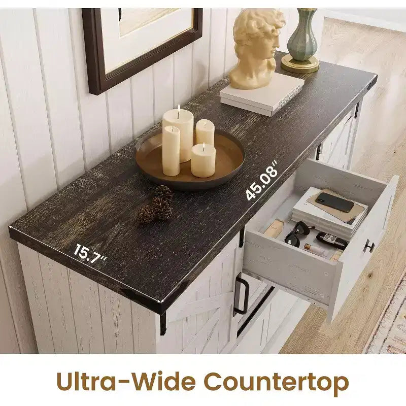Cassettiera a 4 cassetti in stile rustico con ante scorrevoli a fienile, ripiani regolabili e supporto TV, 114 cm