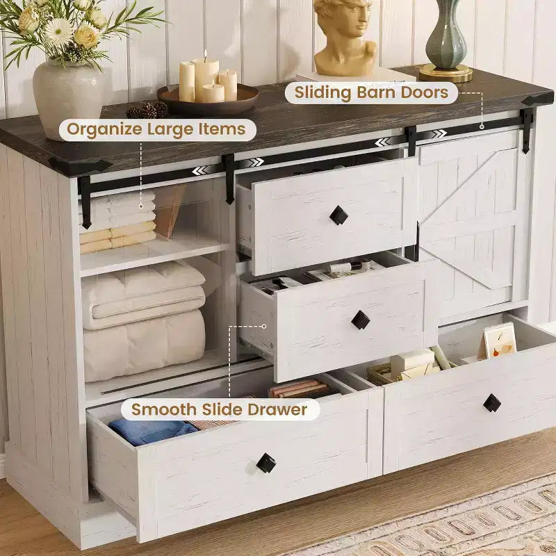 Cassettiera a 4 cassetti in stile rustico con ante scorrevoli a fienile, ripiani regolabili e supporto TV, 114 cm