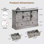 Cassettiera a 4 cassetti in stile rustico con ante scorrevoli a fienile, ripiani regolabili e supporto TV, 114 cm