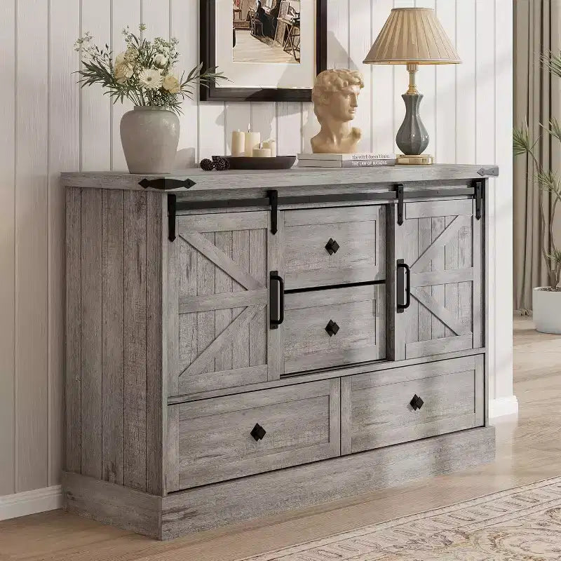 Acekool Farmhouse 4-Drawer Dresser, 45 Wood Storage Dresser with Sliding Barn Doors & Adjustable Shelves, TV Stand, Whtie