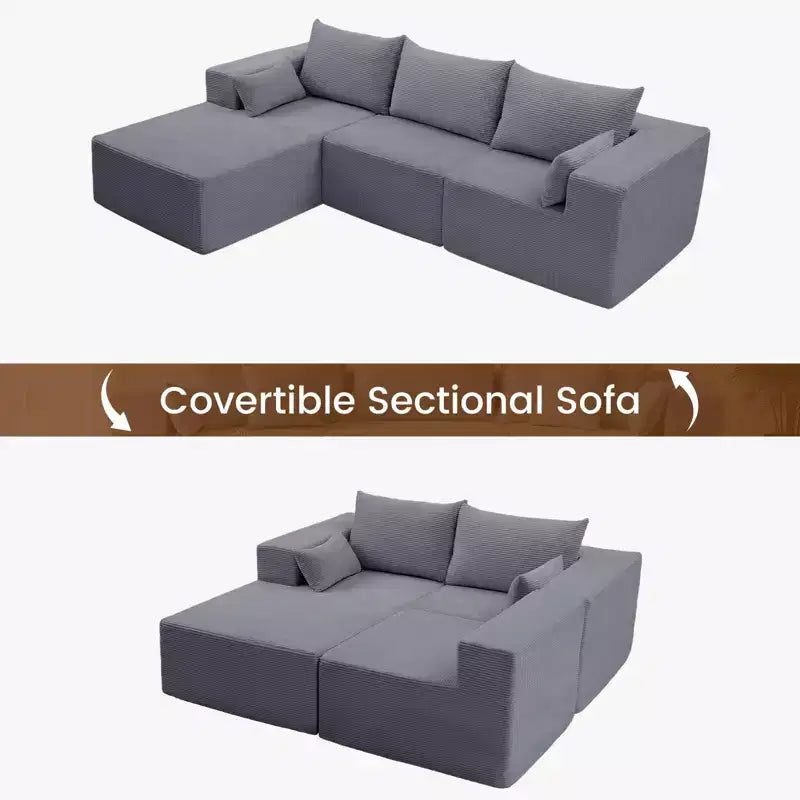 Divano componibile a L in velluto a coste con pouf