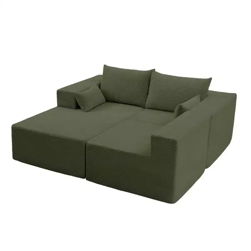 Divano componibile a L in velluto a coste con pouf