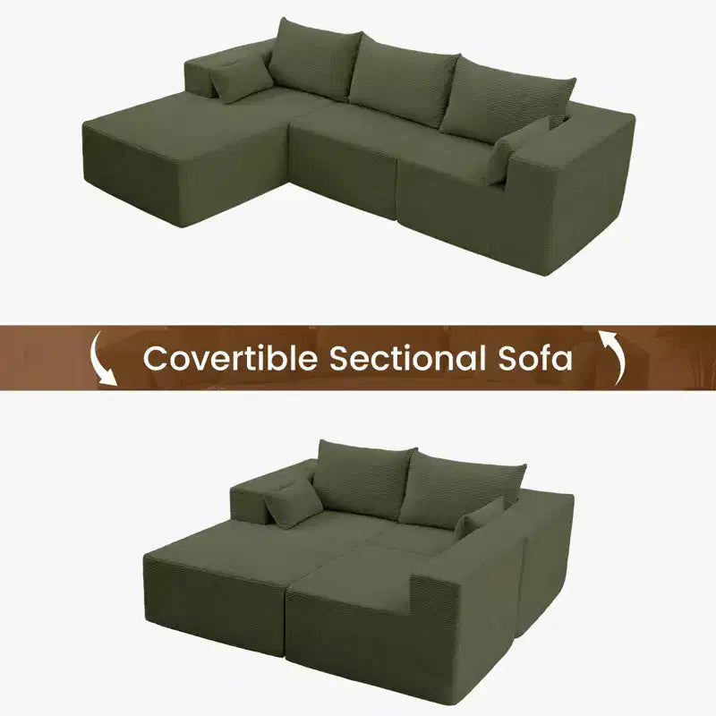 Divano componibile a L in velluto a coste con pouf