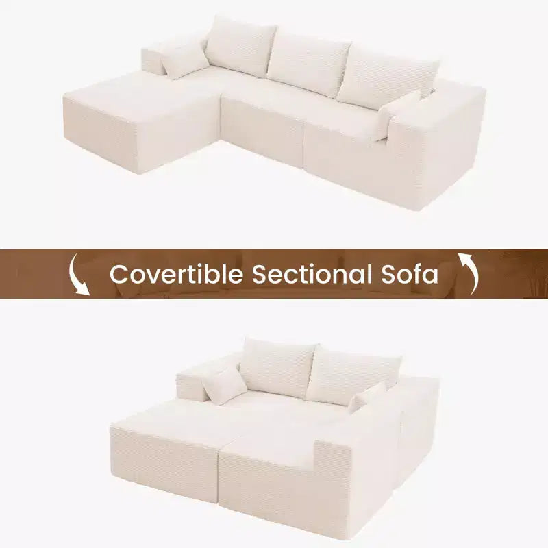 Divano componibile a L in velluto a coste con pouf