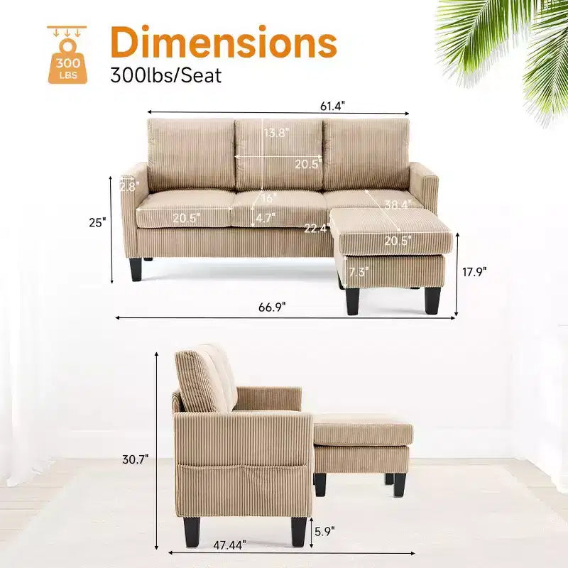 Divano sezionale a L in velluto a coste largo 174 cm con pouf contenitore, 3 posti