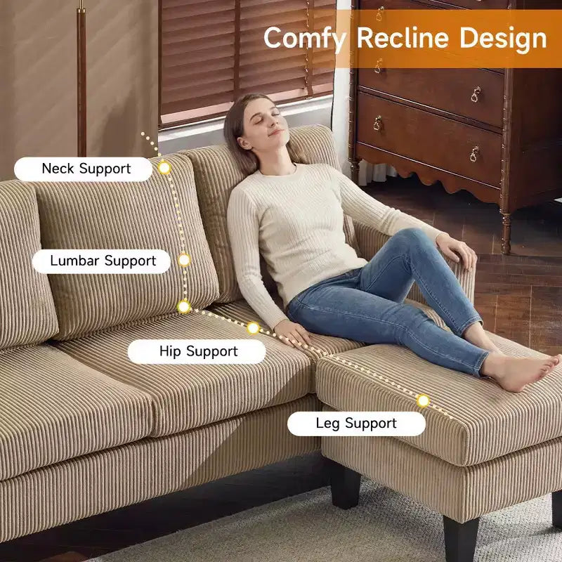 Divano sezionale a L in velluto a coste largo 174 cm con pouf contenitore, 3 posti
