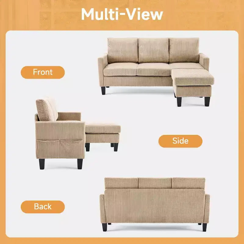 Divano sezionale a L in velluto a coste largo 174 cm con pouf contenitore, 3 posti