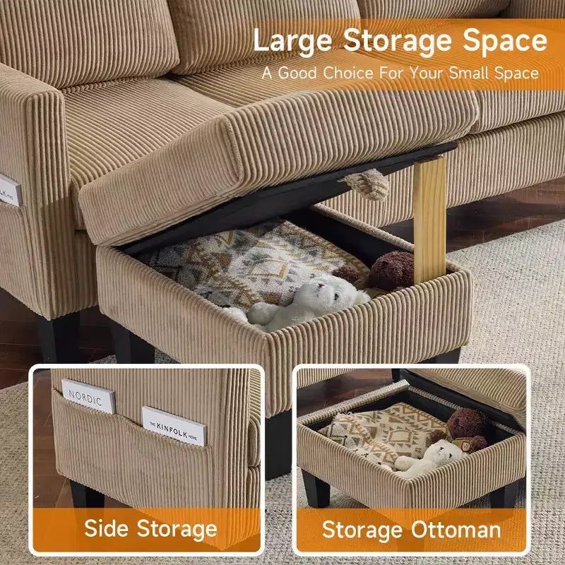 Divano sezionale a L in velluto a coste largo 174 cm con pouf contenitore, 3 posti