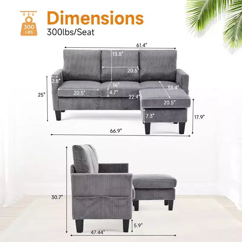 Divano sezionale a L in velluto a coste largo 174 cm con pouf contenitore, 3 posti
