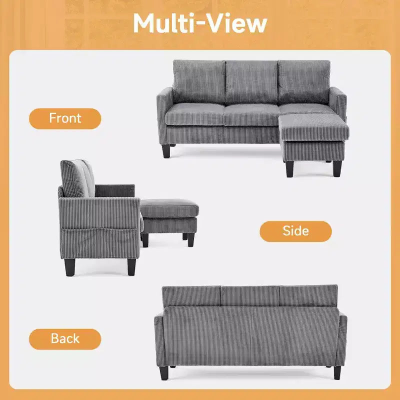 Divano sezionale a L in velluto a coste largo 174 cm con pouf contenitore, 3 posti