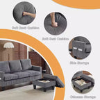 Divano sezionale a L in velluto a coste largo 174 cm con pouf contenitore, 3 posti