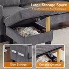 Divano sezionale a L in velluto a coste largo 174 cm con pouf contenitore, 3 posti