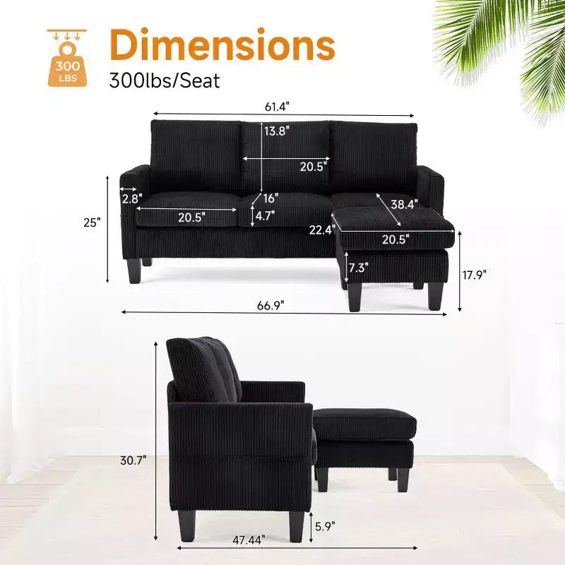 Divano sezionale a L in velluto a coste largo 174 cm con pouf contenitore, 3 posti