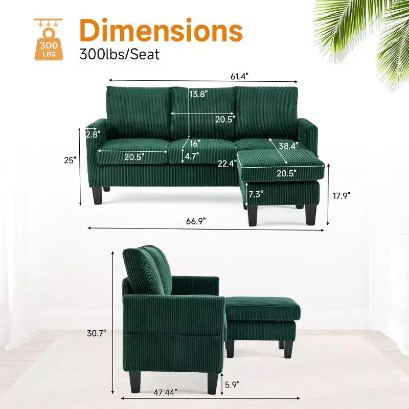 Divano sezionale a L in velluto a coste largo 174 cm con pouf contenitore, 3 posti