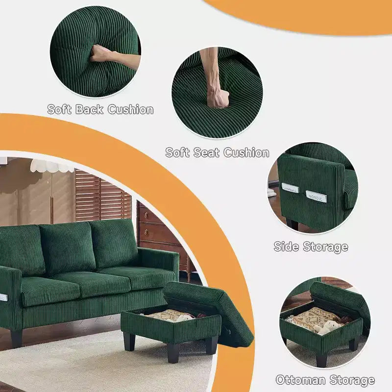 Divano sezionale a L in velluto a coste largo 174 cm con pouf contenitore, 3 posti