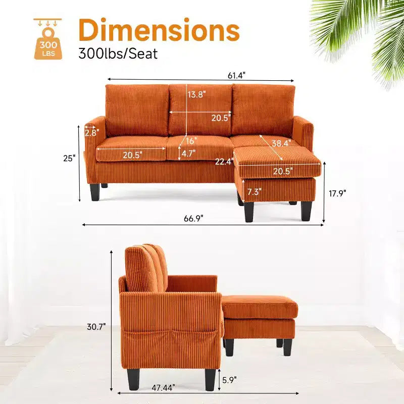 Divano sezionale a L in velluto a coste largo 174 cm con pouf contenitore, 3 posti