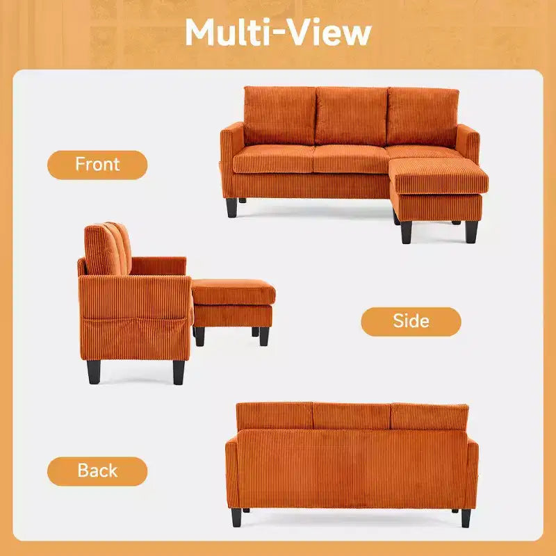 Divano sezionale a L in velluto a coste largo 174 cm con pouf contenitore, 3 posti