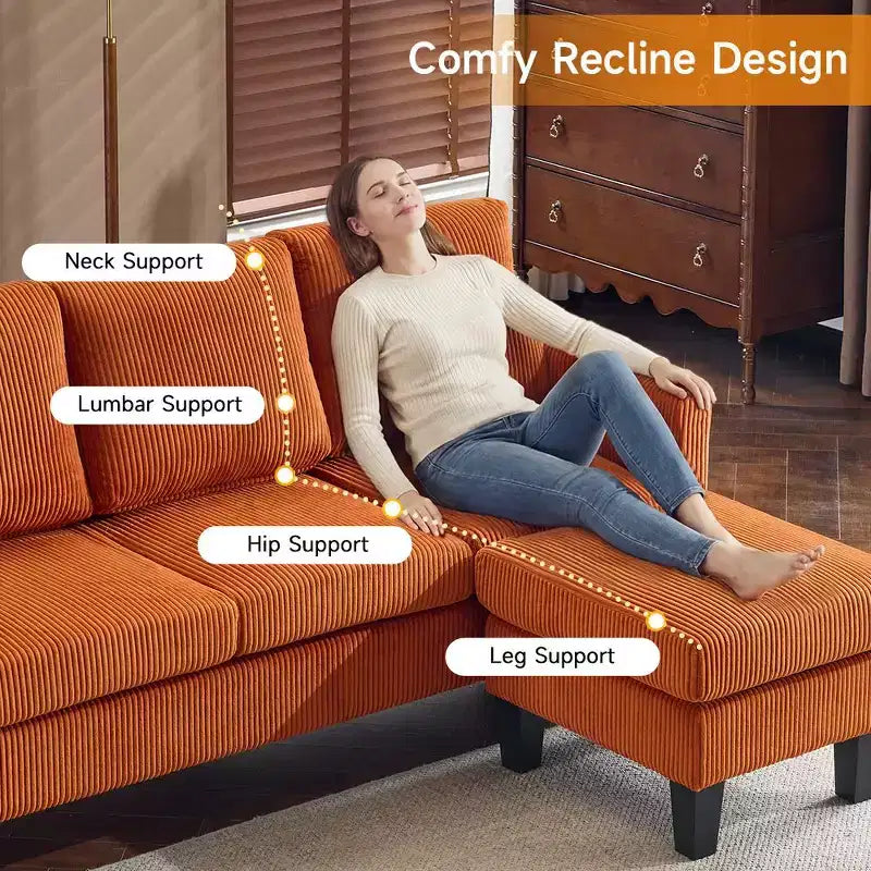 Divano sezionale a L in velluto a coste largo 174 cm con pouf contenitore, 3 posti