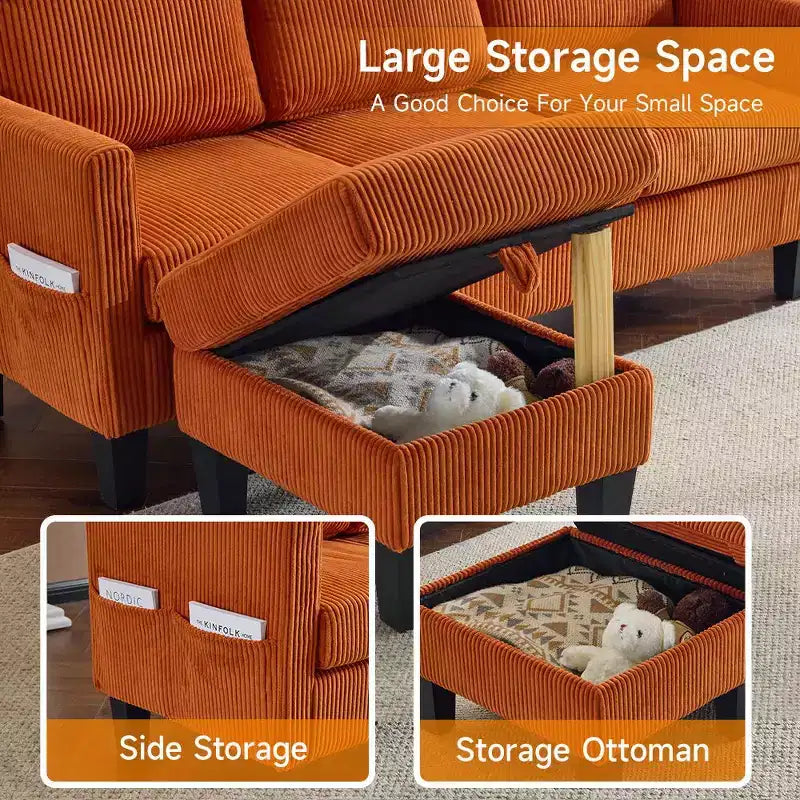 Divano sezionale a L in velluto a coste largo 174 cm con pouf contenitore, 3 posti