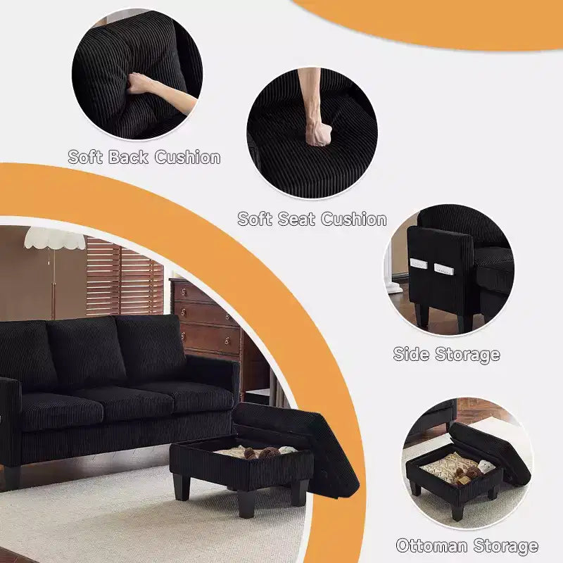 Divano sezionale a L in velluto a coste largo 174 cm con pouf contenitore, 3 posti